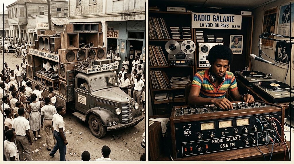 Camion sono et platine sous une enseigne Radio Galaxie, sound system caribeen